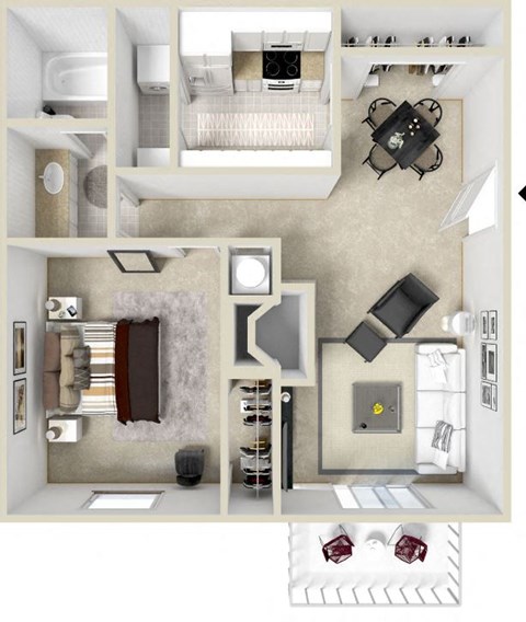 Floor plan for 1 bed, 1 bath, 675 sqft